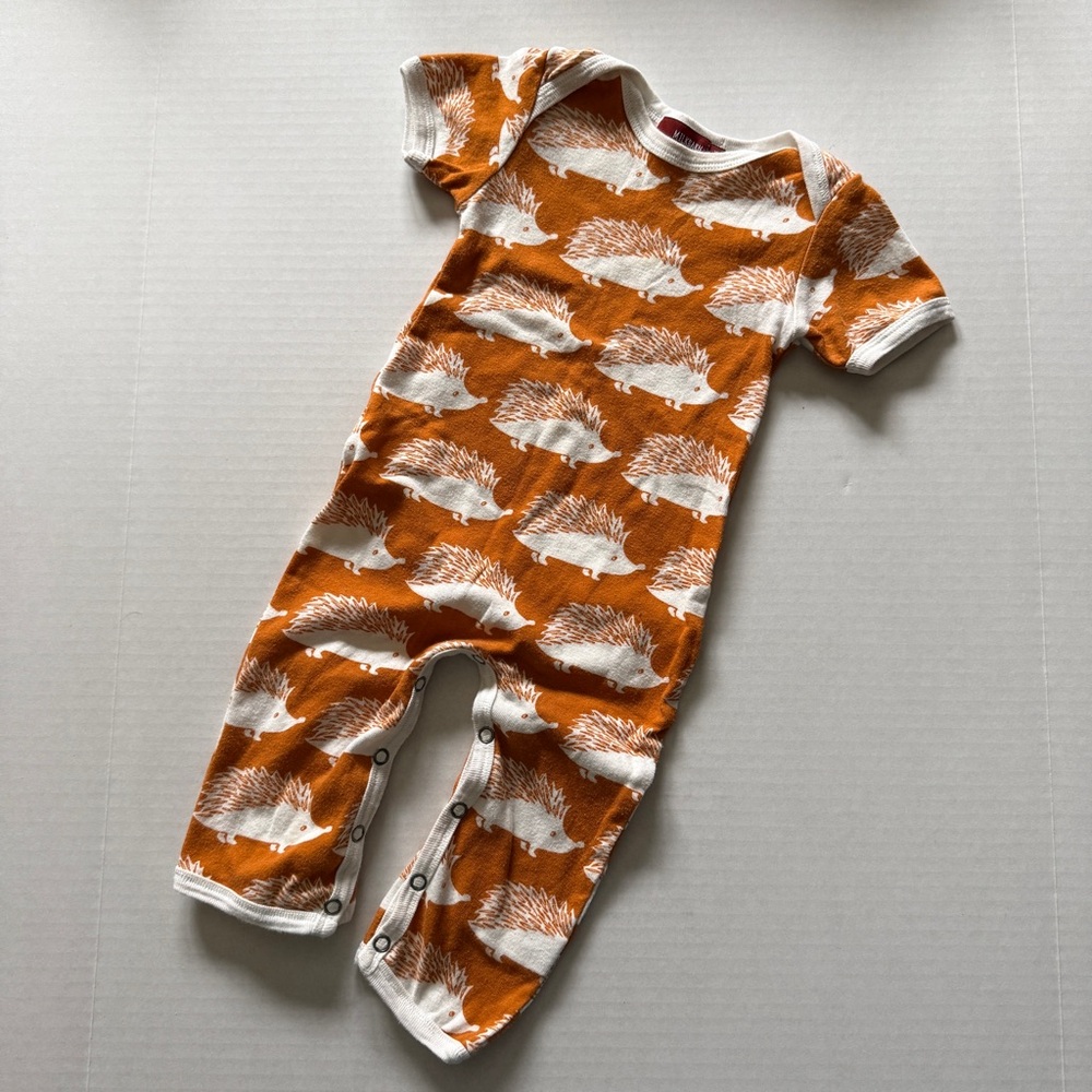 Milkbarn Hedgehog short sleeved romper, orange, 3-6 month organic cotton